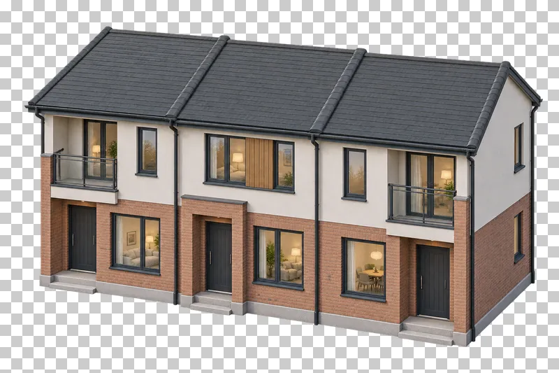 Exactly three connected terraced homes with separate entrances, shared walls and pitched roof sections.