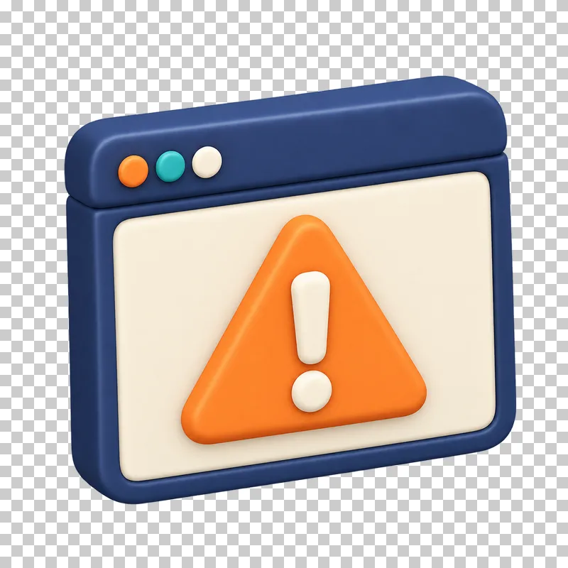 A navy 3D browser window with a large orange warning triangle.