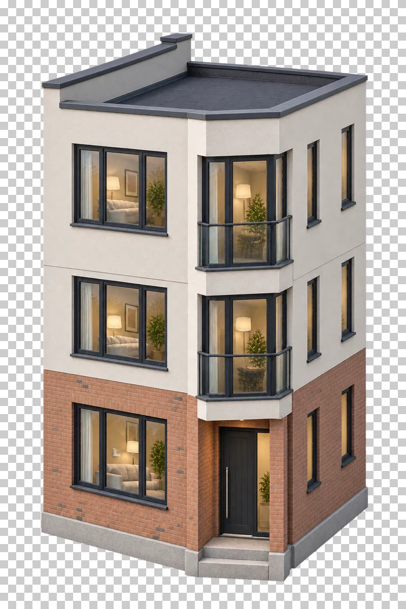 Narrow three-storey corner terrace house with flat roof parapets, a raised party-wall edge and corner glazing.