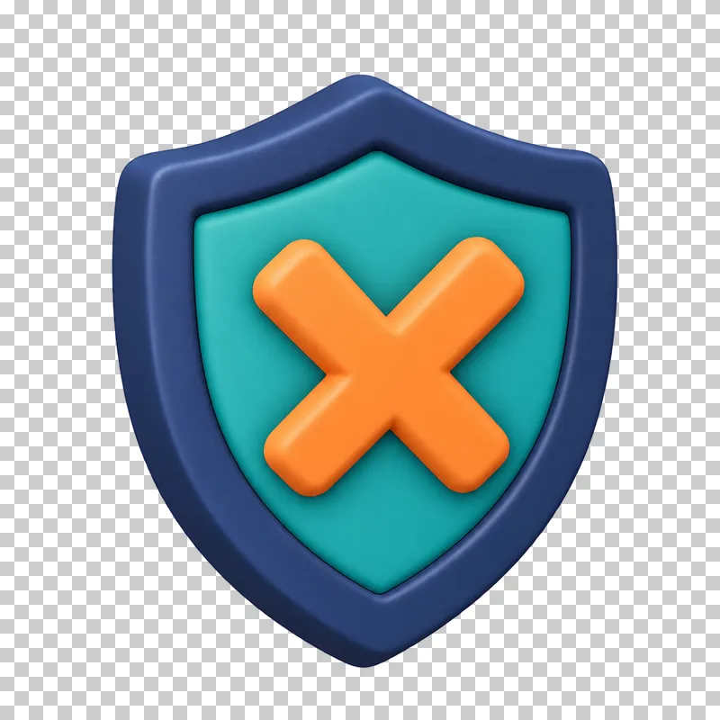 A navy and teal 3D shield with an orange cross mark for a blocked threat.