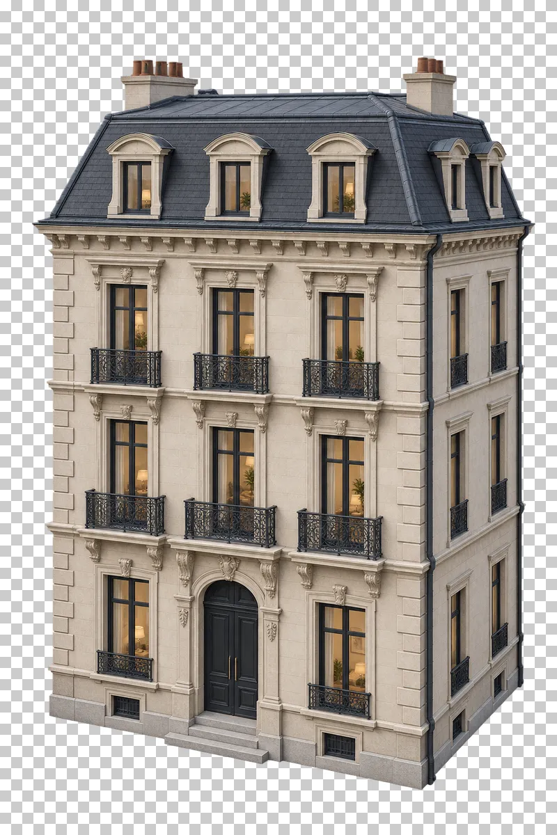 Historic stone-faced tenement with a mansard roof, dormer windows and small wrought-iron balconies.