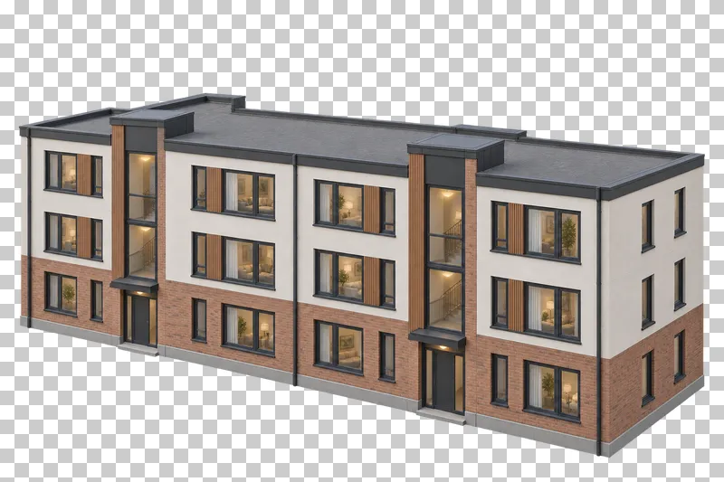 Long three-storey apartment block with a visible flat roof, two glazed stairwell bays and two entrances.