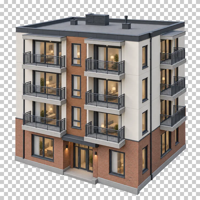 Four-storey apartment block with stacked projecting balconies, solid concrete slabs and metal railings.