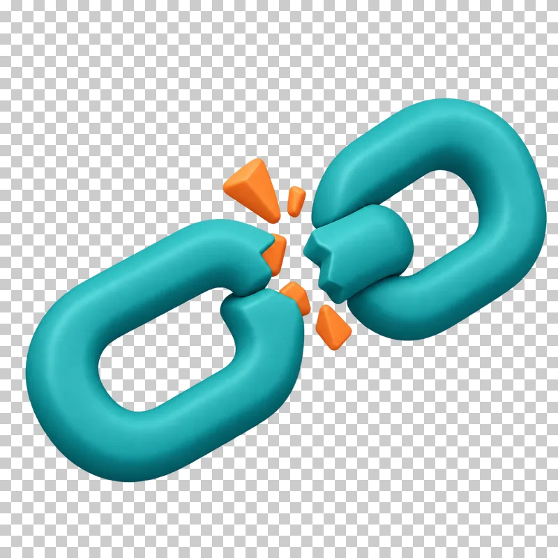 Two teal 3D chain links broken apart with orange shards at the break.