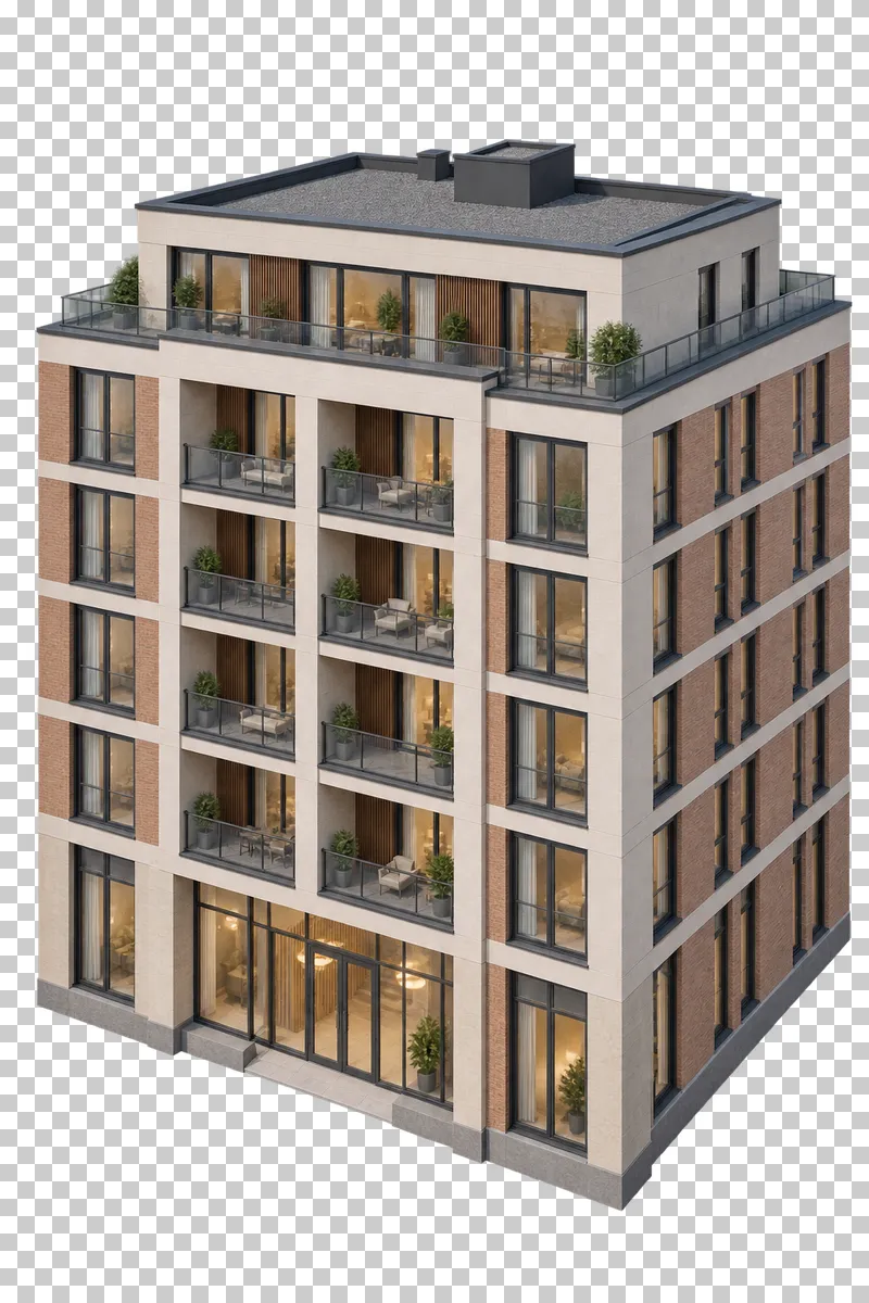 Contemporary six-storey apartment building with recessed loggias, a set-back top floor and a glazed lobby.