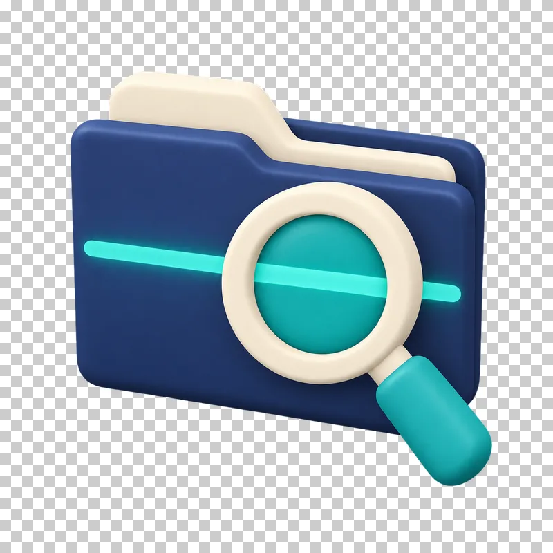 A navy 3D folder scanned by a teal magnifying glass with a scan line.