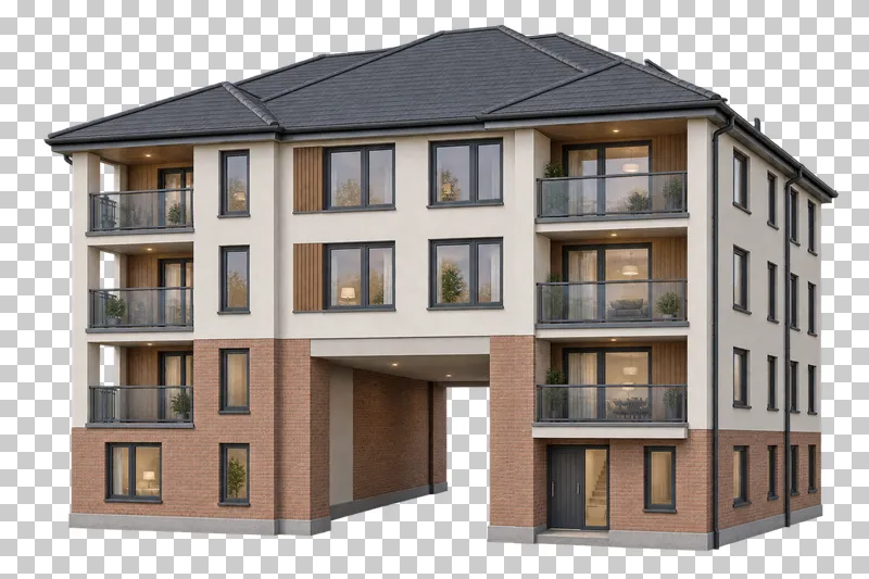 Residential building with a genuine through-passage beneath supported upper floors and recessed balconies.