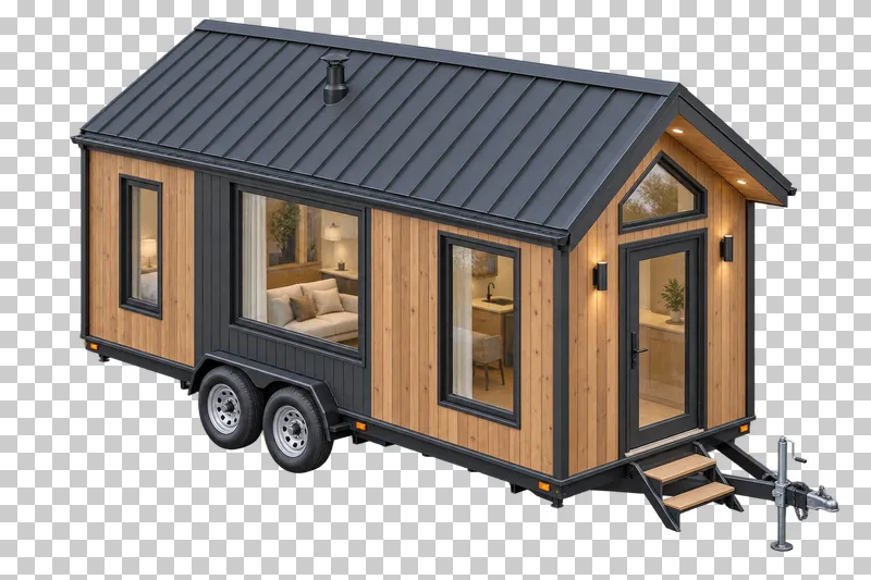 Timber tiny house on a tandem-axle trailer with wheels, chassis, tow hitch, front jack and entry steps.
