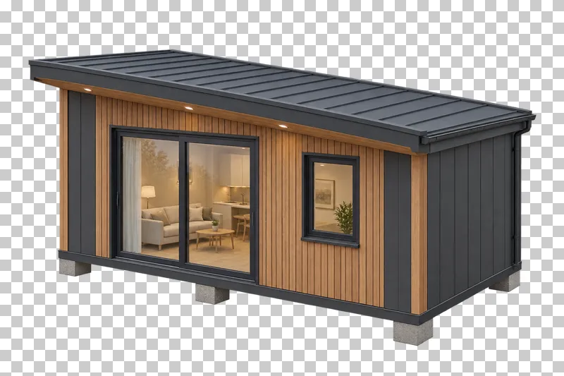 Small modular cabin with a shallow metal monopitch roof, sliding glass door and low concrete supports.