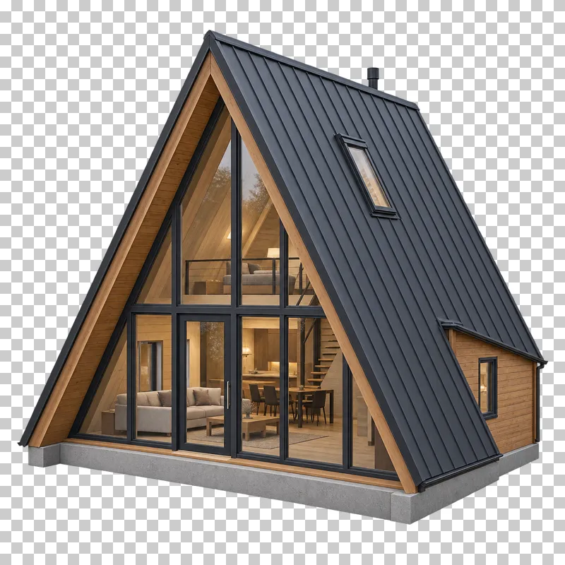 A-frame cabin with steep metal roof planes, a glazed triangular front and visible interior depth.
