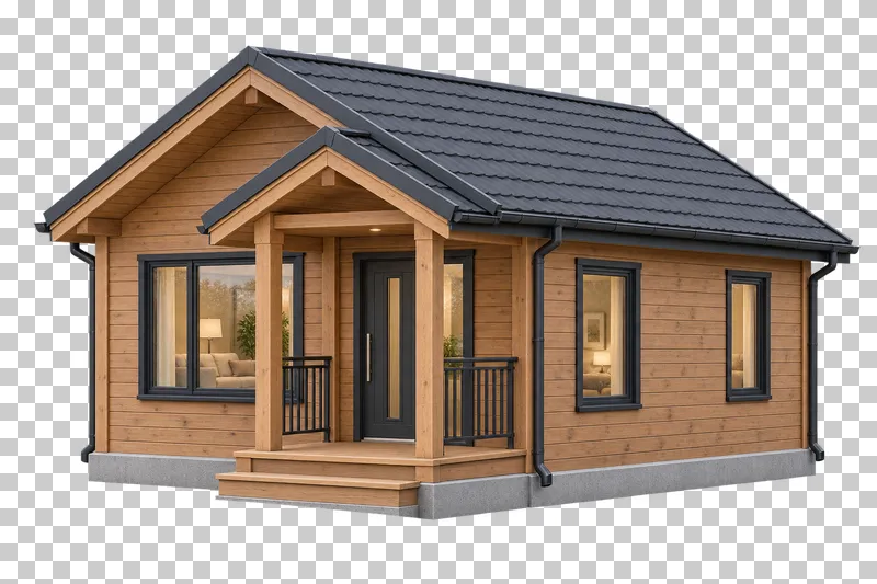 Wooden holiday cottage with a tiled gable roof and a covered entrance porch on timber posts.