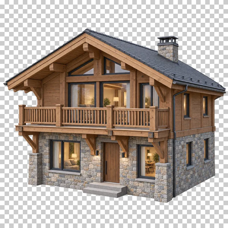 Mountain chalet with a stone lower storey, timber upper floor and a balcony supported by knee braces.