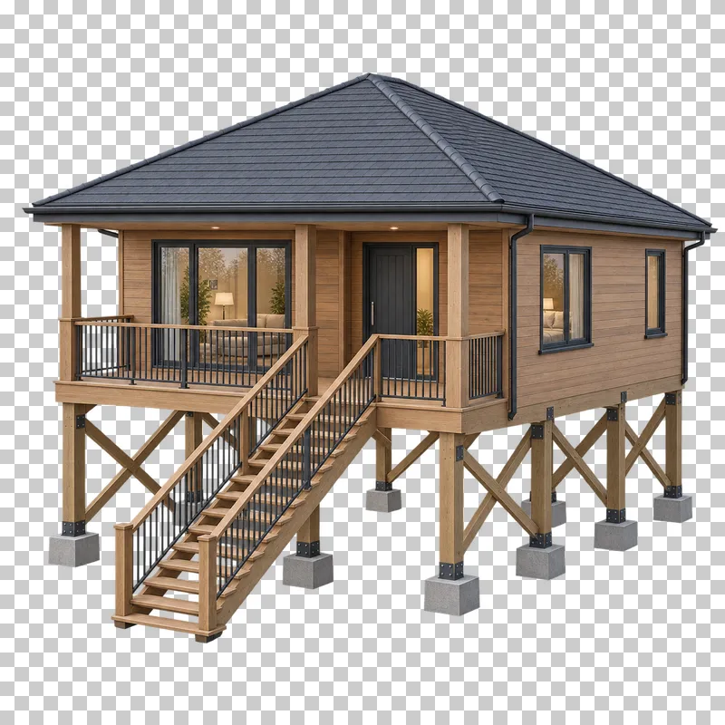 Raised timber house on cross-braced stilts with individual footings and a complete staircase with handrails.