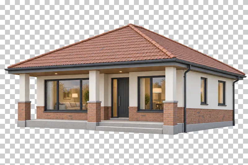 Low bungalow with a broad hipped roof, supported front veranda and central entrance steps.