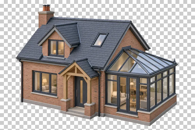 Small brick cottage with roof dormer and attached conservatory with complete glass roof and wall panes.