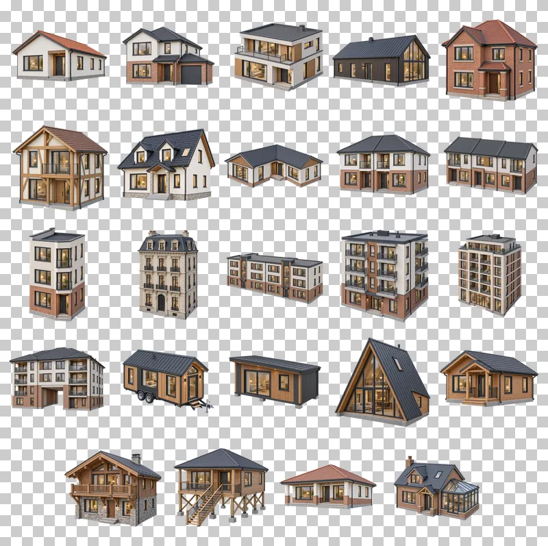 Residential Buildings PNG Collection: all 24 elements in one grid