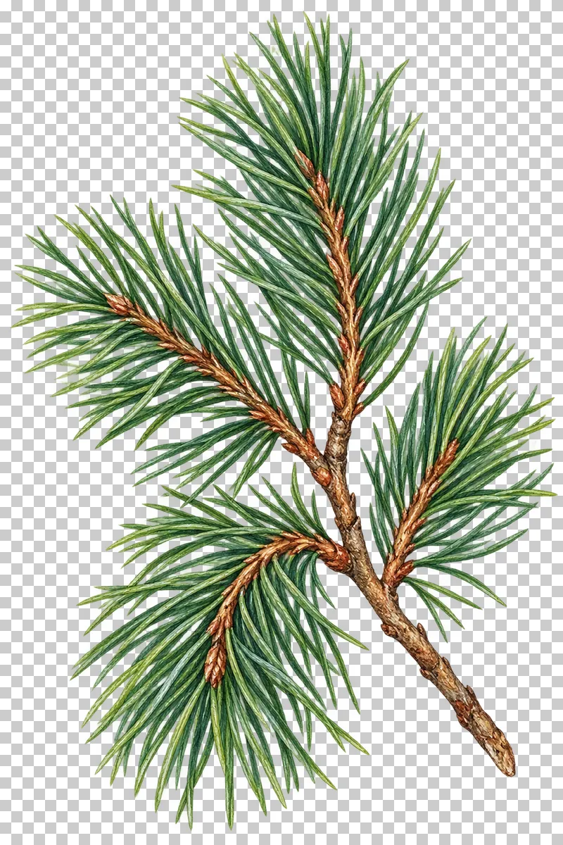 Watercolor Scots pine branch with long green needles and a brown woody stem.