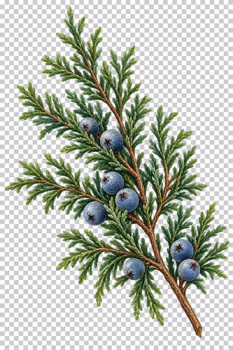 Watercolor juniper sprig with blue berries and fine green foliage.