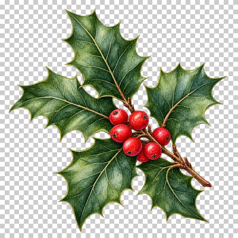 Watercolor holly sprig with spiny green leaves and red berries.