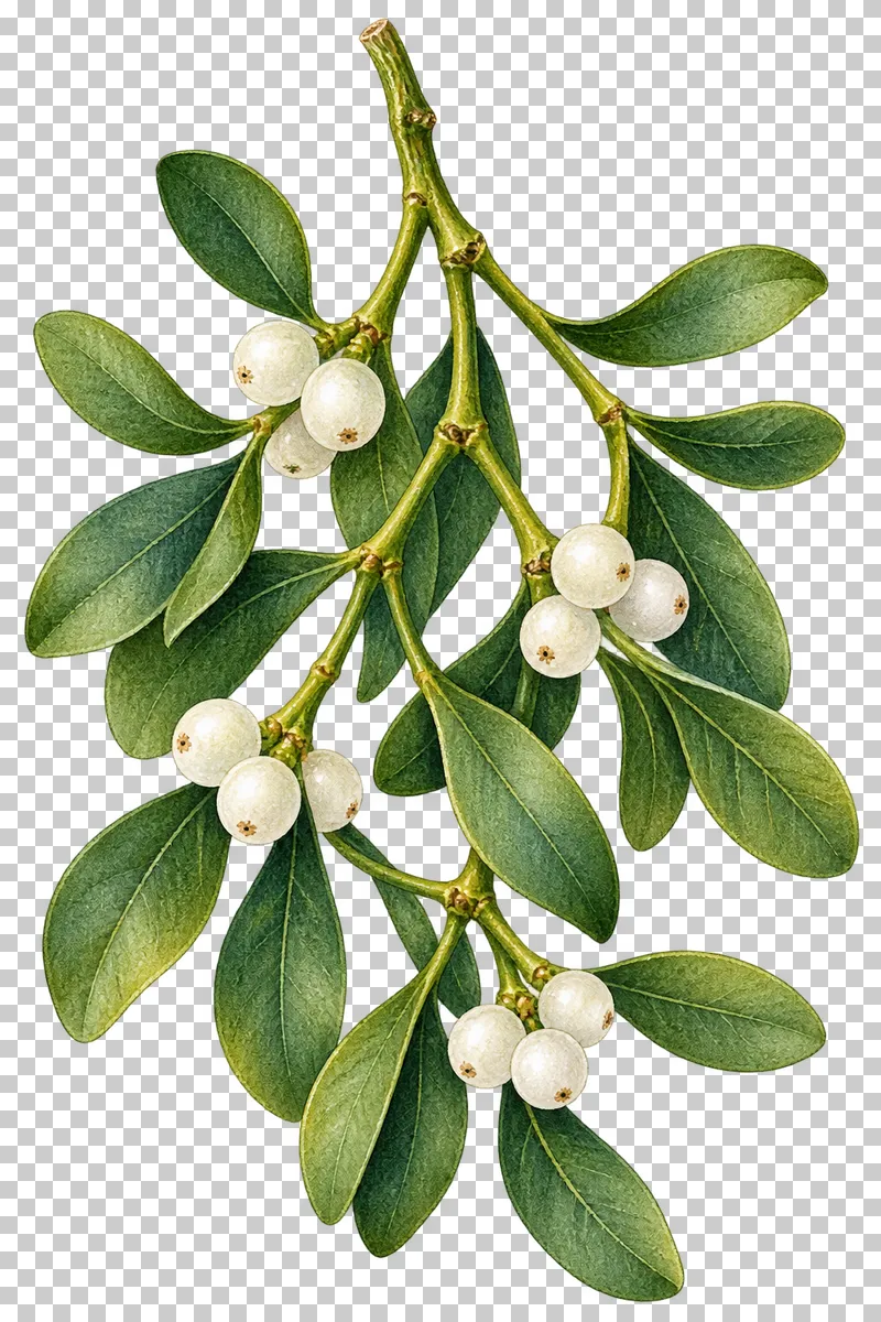 Watercolor mistletoe sprig with forked green stems, oval leaves, and ivory berries.