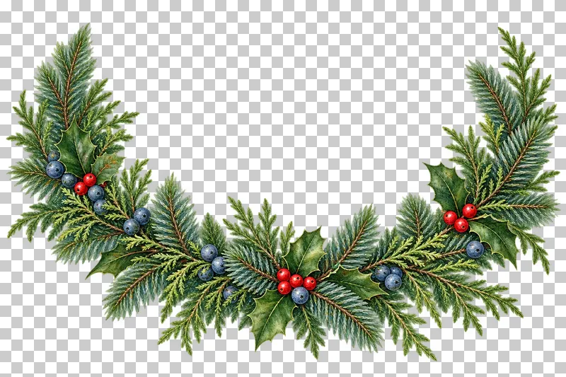 Watercolor evergreen lower crescent with holly and berries around an open center.