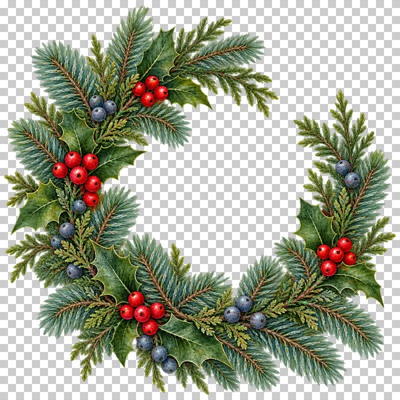 Open circular watercolor winter wreath with evergreen foliage, holly, and berries.