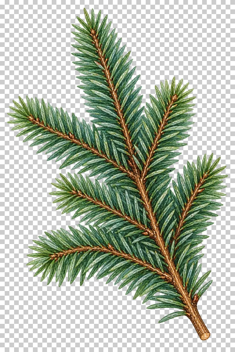 Watercolor Norway spruce sprig with short pointed green needles on a brown twig.