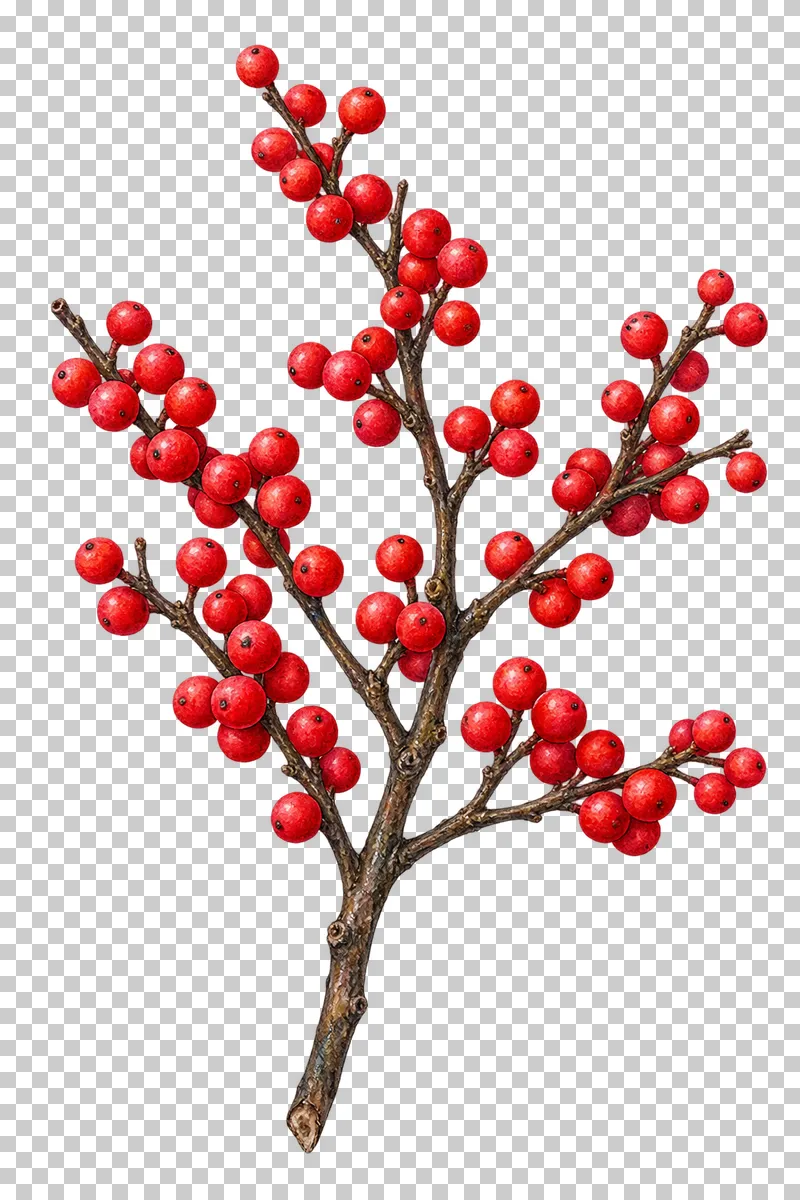 Watercolor leafless winterberry branch with smooth red berries along dark woody twigs.