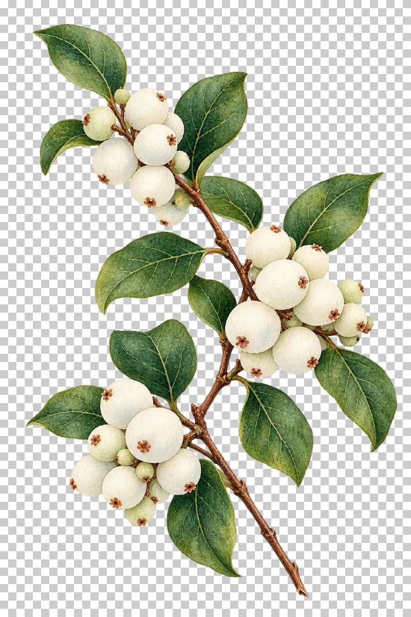 Watercolor snowberry branch with clustered white berries and small green leaves.