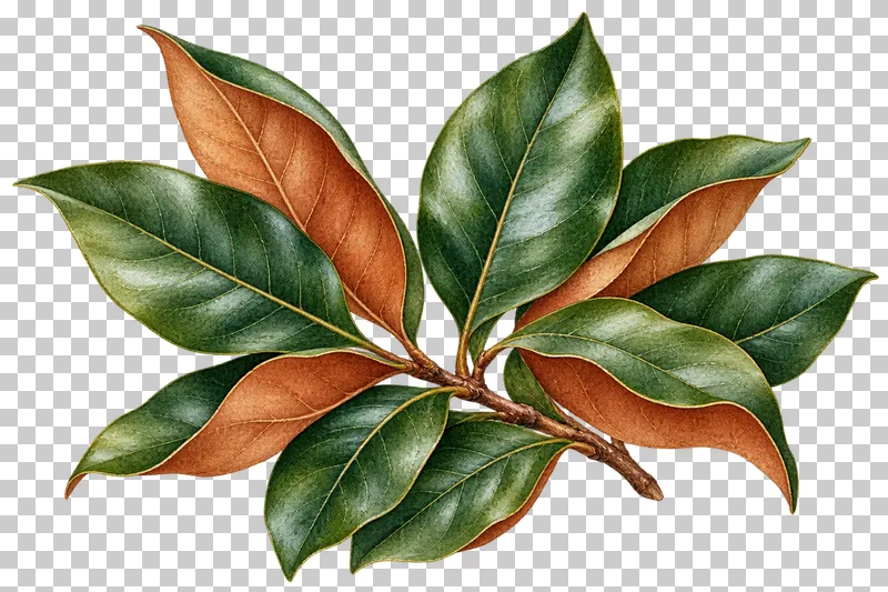 Watercolor evergreen magnolia spray with broad green leaves and copper-brown undersides.