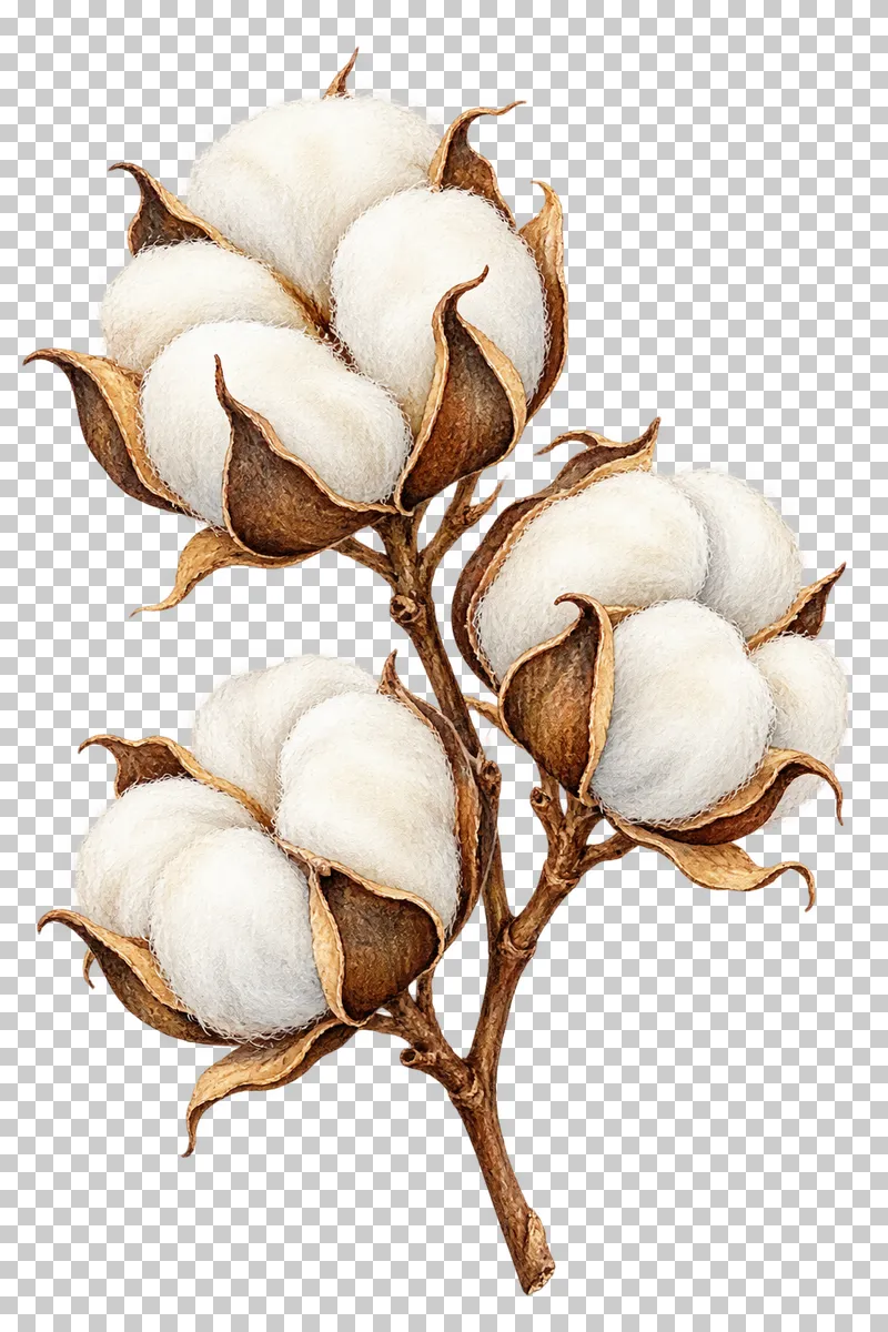 Watercolor dried cotton stem with three open white cotton bolls and brown bracts.