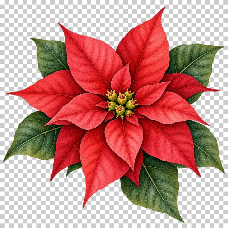 Watercolor red poinsettia bloom with layered bracts, green leaves, and yellow-green central flowers.