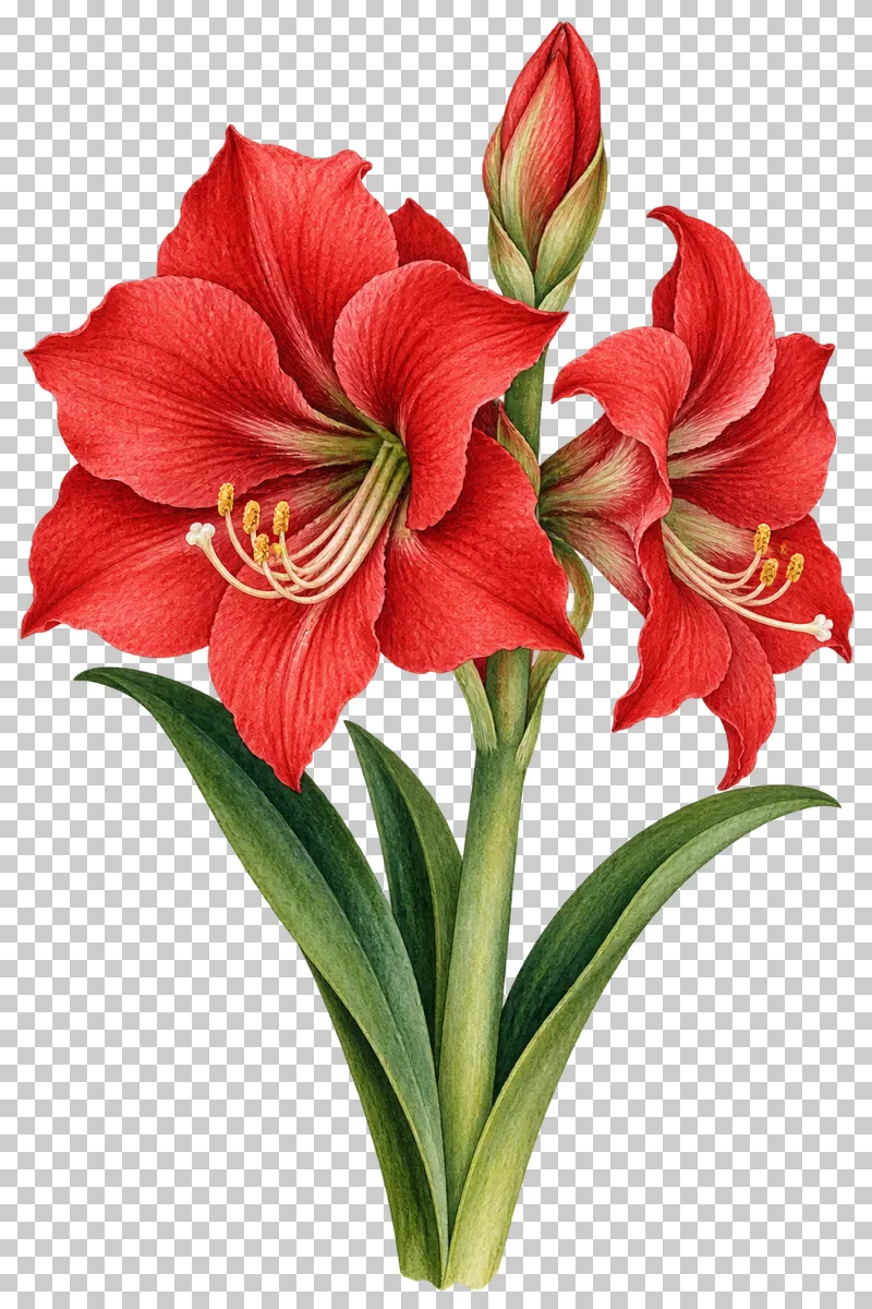 Watercolor red amaryllis stem with two trumpet flowers, a bud, and long green leaves.