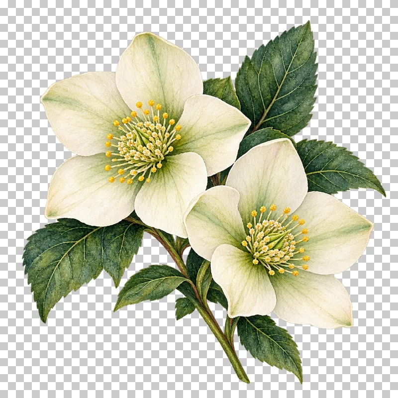 Watercolor ivory hellebore sprig with two five-sepal flowers, pale stamens, and green leaves.