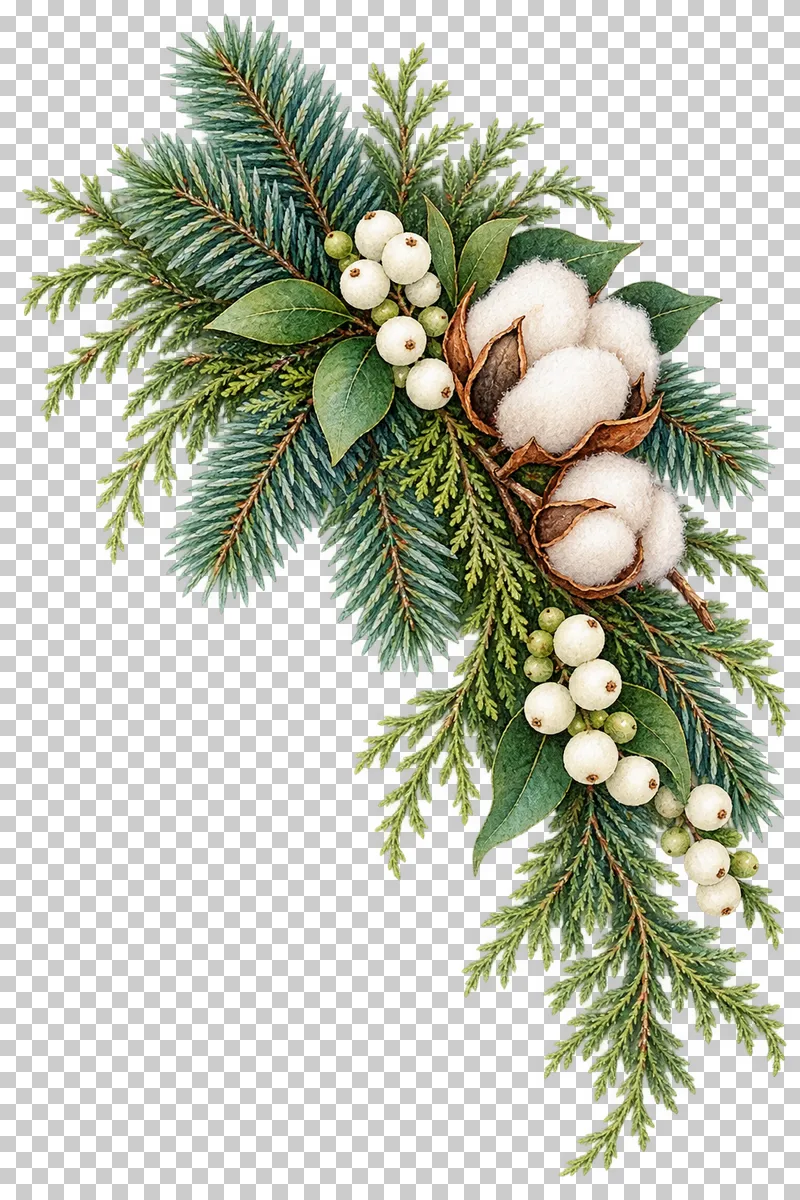 Watercolor winter side cascade of fir, cedar, white snowberries, and cotton.