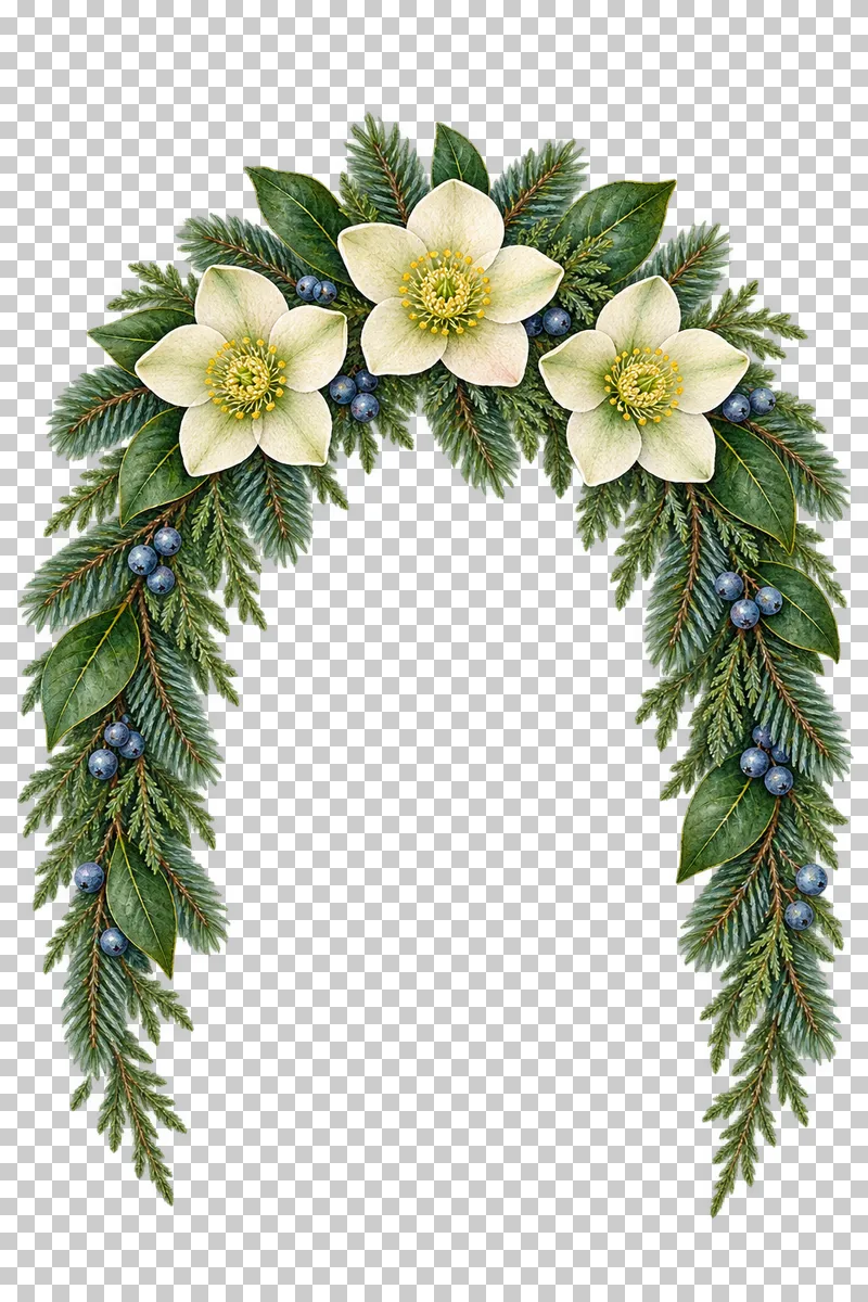 Inverted-U watercolor winter arch of fir, magnolia leaves, ivory hellebore, and blue juniper berries.