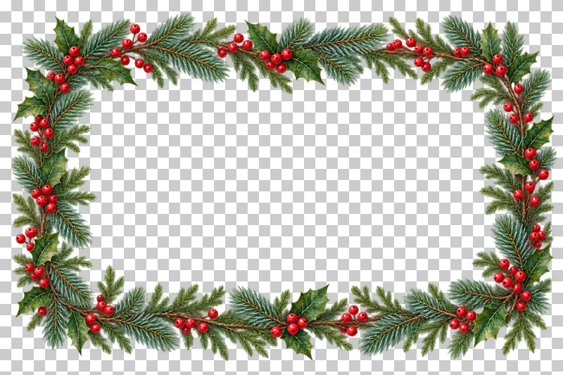 Continuous rectangular watercolor winter photo frame with evergreen foliage, holly, and red berries.