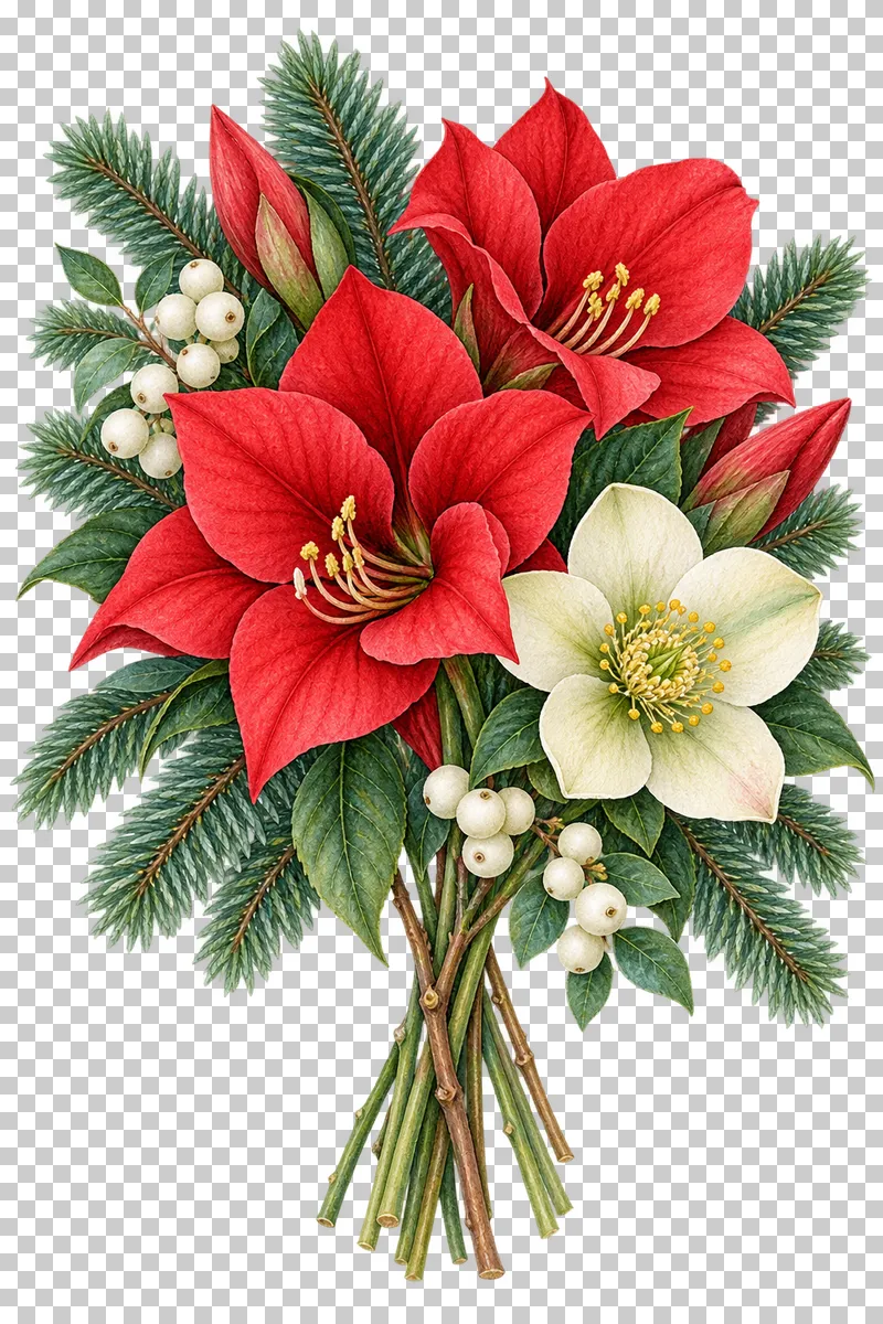 Upright watercolor winter bouquet with red amaryllis, ivory hellebore, white berries, fir, and crossed stems.