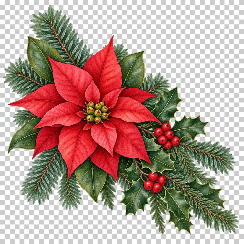 Watercolor poinsettia floral corner with magnolia leaves, holly, red berries, and evergreen foliage.