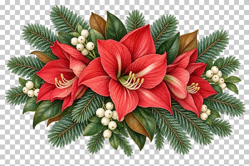Low oval watercolor winter centerpiece with red amaryllis, magnolia leaves, fir, and white snowberries.