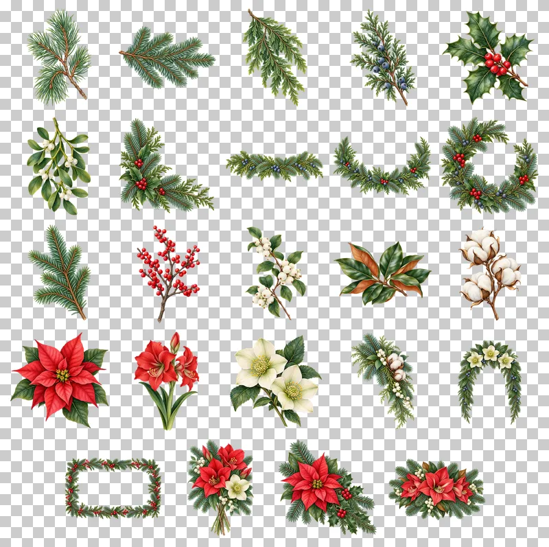 Winter Greenery and Florals Watercolor PNG Collection: all 24 elements in one grid