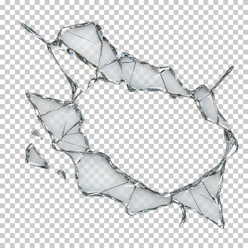 Clear broken glass: an asymmetric oval hole with jagged attached glass and short surrounding cracks.