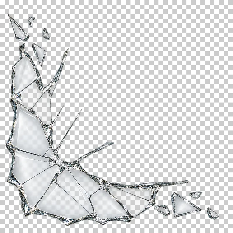 Clear broken glass: a branching corner fracture with attached splinters and a mostly clear opposite area.