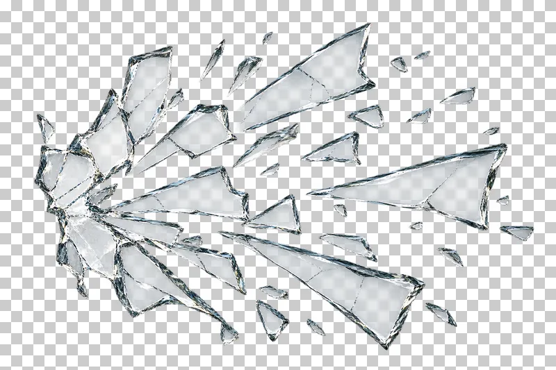 Clear broken glass: a broad fan of separate angular glass fragments radiating predominantly in one direction.