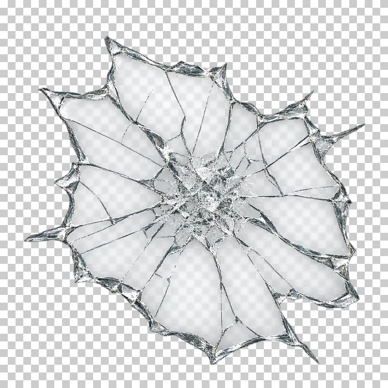 Clear broken glass: a crushed central patch with fine cracks held together by an almost invisible clear interlayer.
