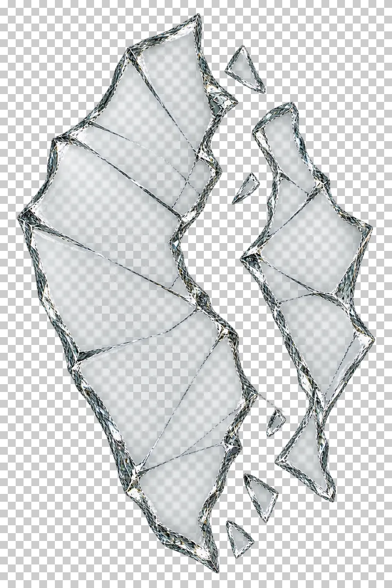 Clear broken glass: a lengthwise transparent gap separating two unequal glass remnants.