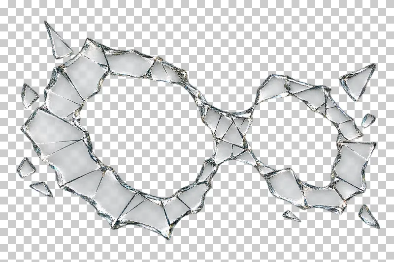 Clear broken glass: two unequal transparent apertures separated by a fractured narrow glass bridge.