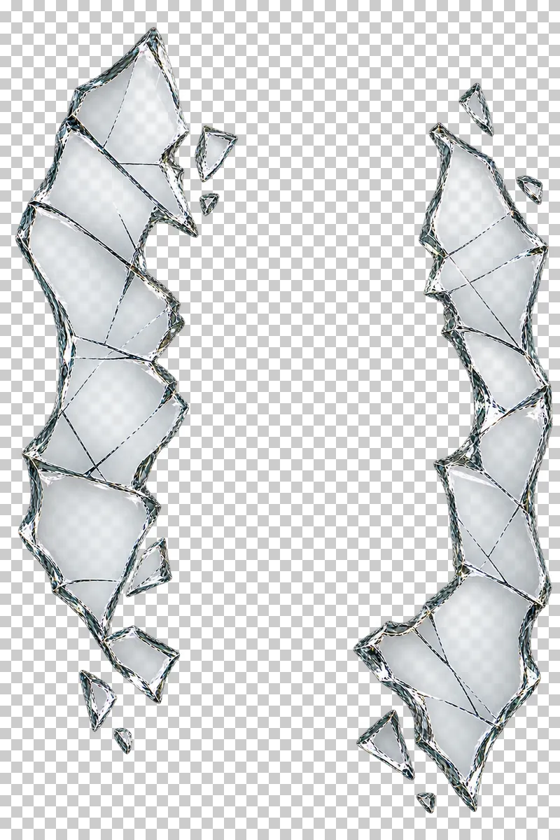 Clear broken glass: two separate unequal side remnants with different inward broken silhouettes and an open central corridor.