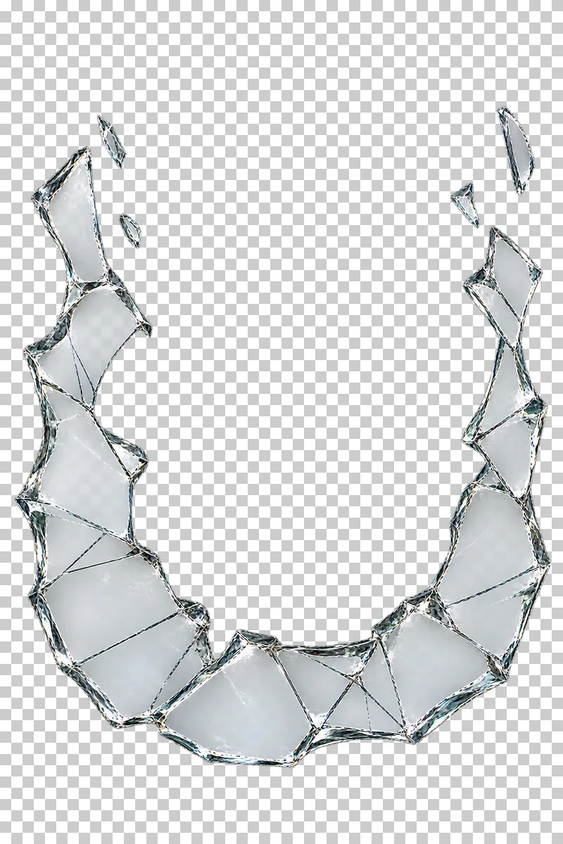 Clear broken glass: connected lower and side glass remnants surrounding an open center and open top.