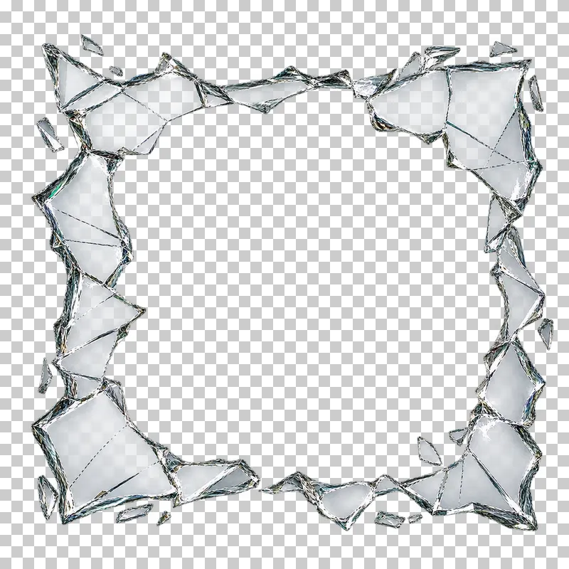 Clear broken glass: a thin uneven four-sided broken-glass perimeter with a large transparent aperture and intact outside margins.